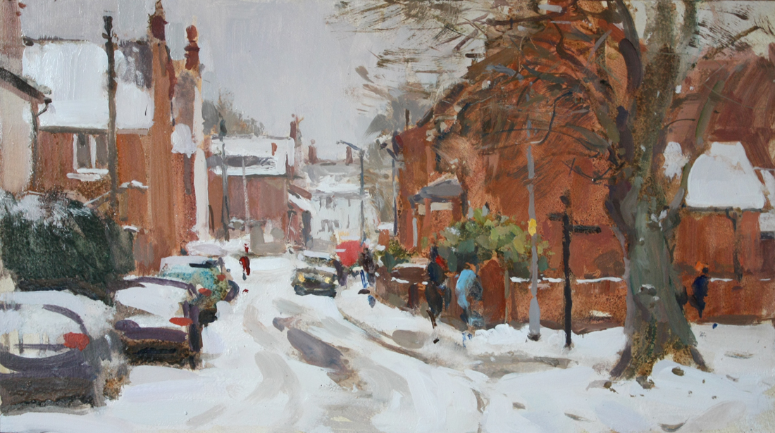 'After the blizzard, Mill Lane, Stony Stratford' - 10x18in, oil on board