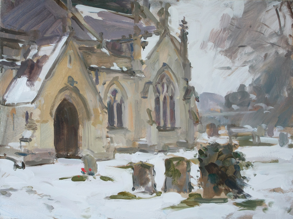 'Silence amongst the snow, Calverton church' - 12x16in, oil on board