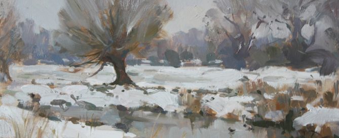 'Snow along the river bank, Stony Stratford' - 14x10in, oil on board